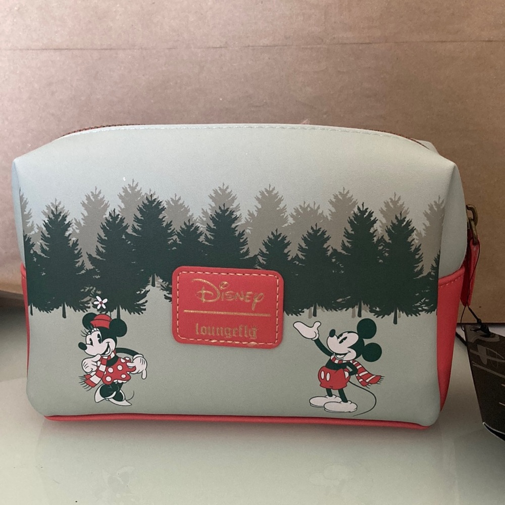 Loungefly exclusive, holiday Mickey and Minnie cosmetic bag